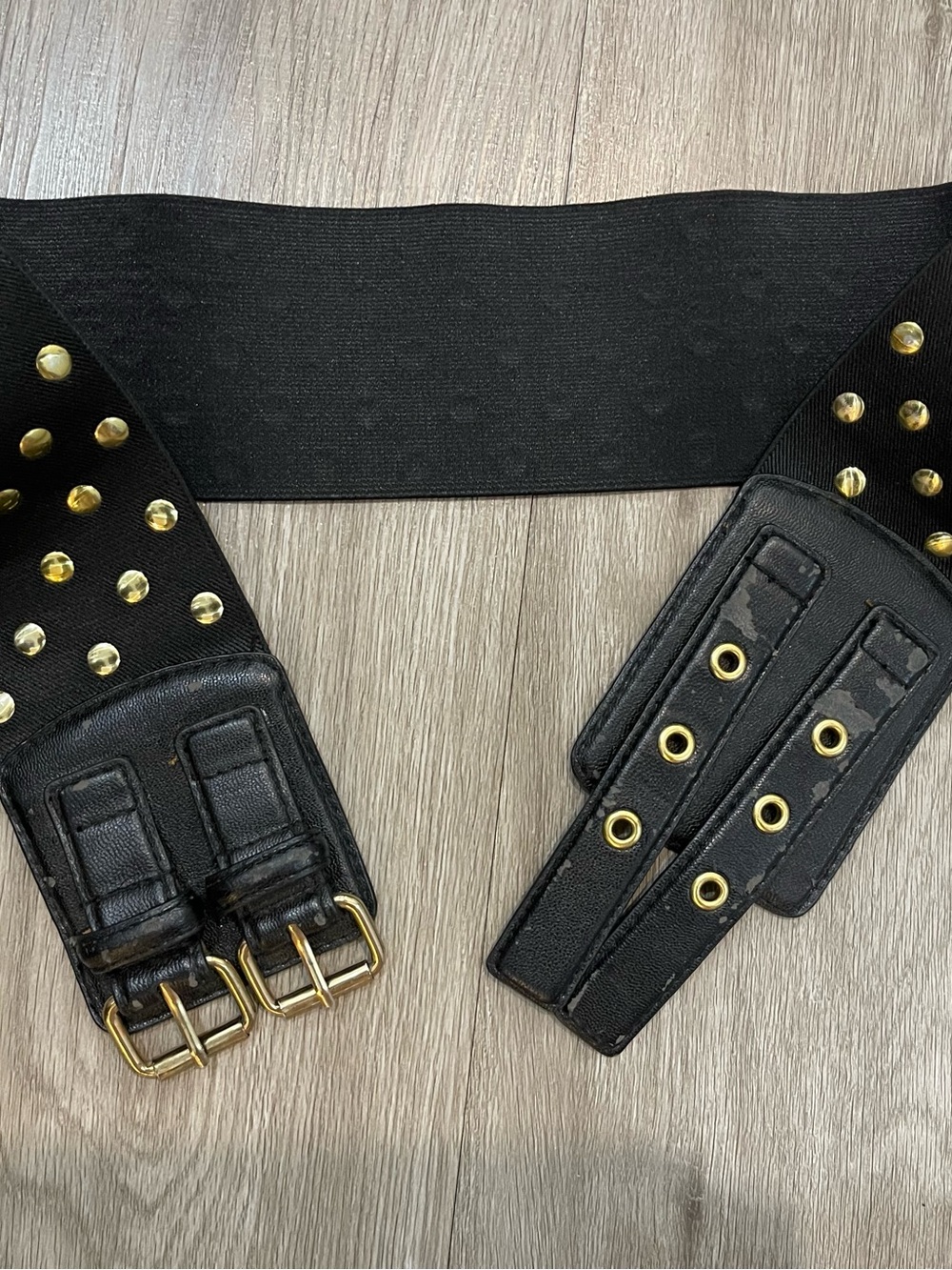 Betsey Johnson Black Elastic Studded Waist Belt with Gold Hardware